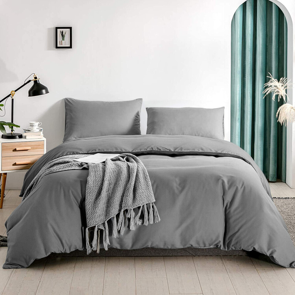 (Grey, Double: 200 x 200 cm.) Plain Duvet Quilt Cover Bedding Set Microfiber Plain Pillowcases Pair