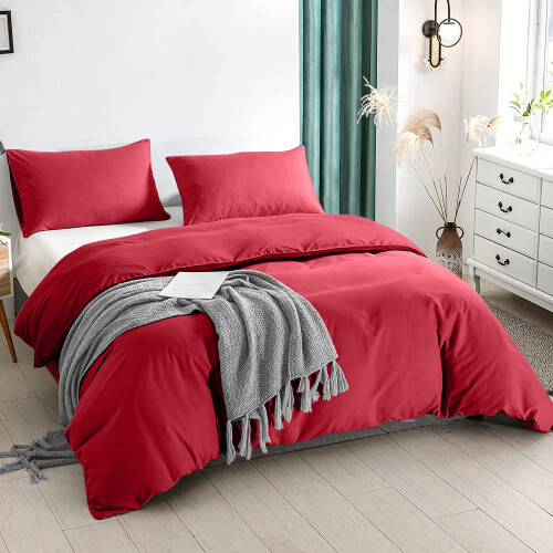 (Red, Single: 137 x 200 cm.) Plain Duvet Quilt Cover Bedding Set Microfiber Plain Pillowcases Pair
