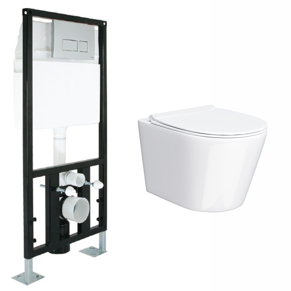 Modern Rimless Wall Hung Toilet with Ultra Slim Soft Close Seat and Wall Frame System