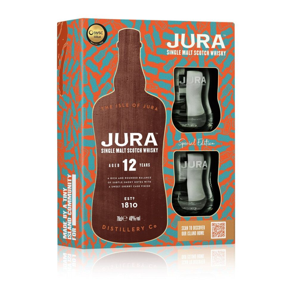 Jura 12 Year Old Single Malt Whisky Gift Pack with 2 Glasses 