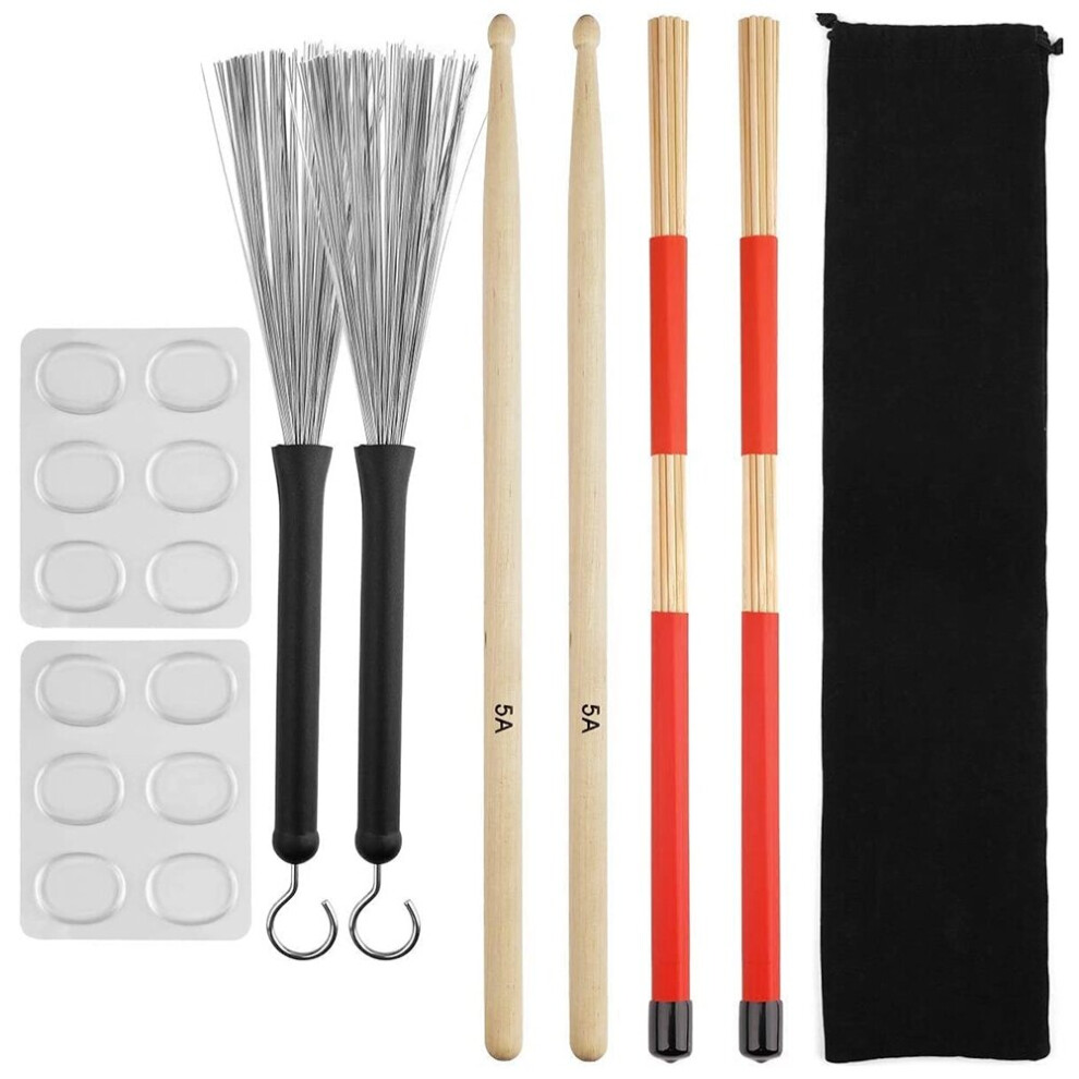 Drum Sticks Set,5A Maple Wood Drum Sticks,Drum Rods Brushes,Retractable Drum Wire Brushes,Drum Dampeners with Bag