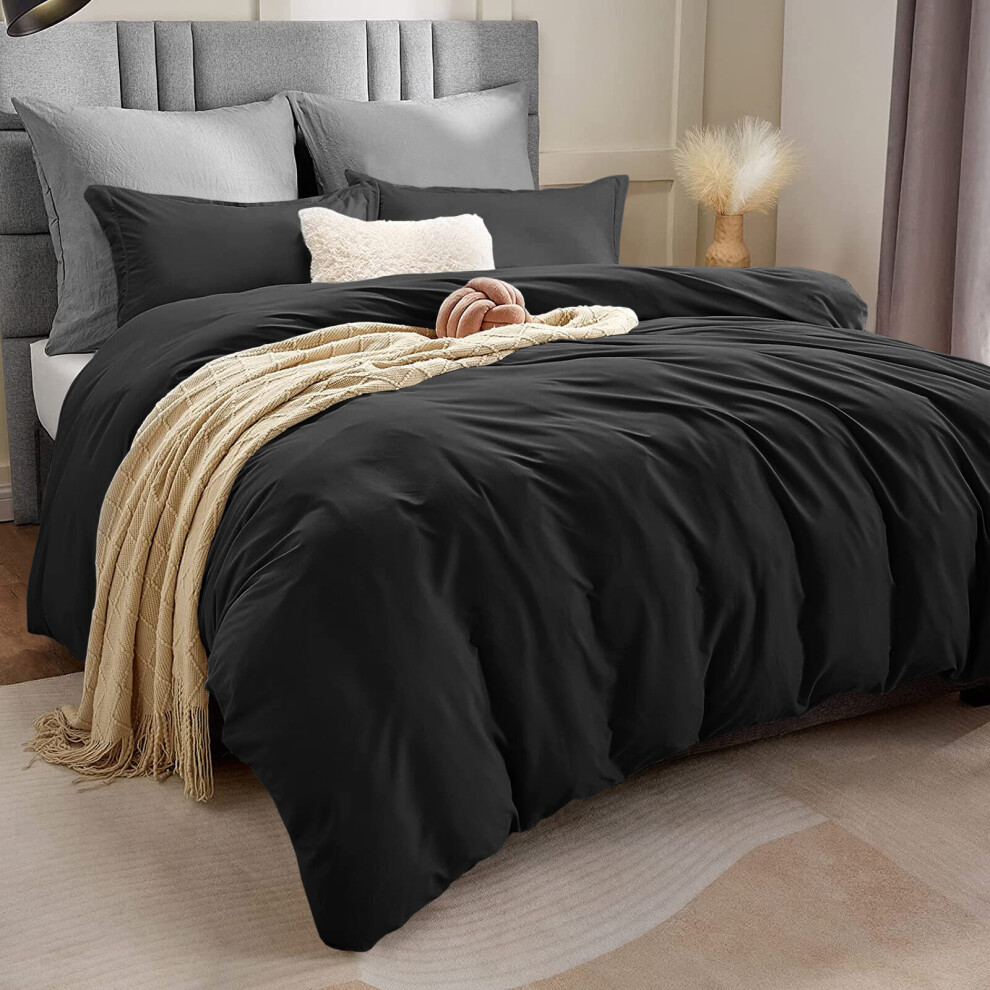 (Black, Super King) Plain Dyed Duvet Quilt Cover with Pillowcase Bedding  Set Quilt Cover Set Single Double King Size