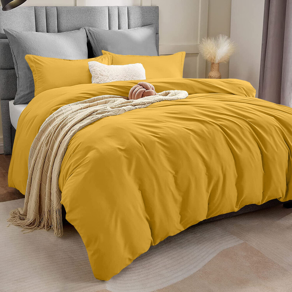 (Mustard, Super King) Plain Dyed Duvet Quilt Cover with Pillowcase Bedding  Set Quilt Cover Set Single Double King Size