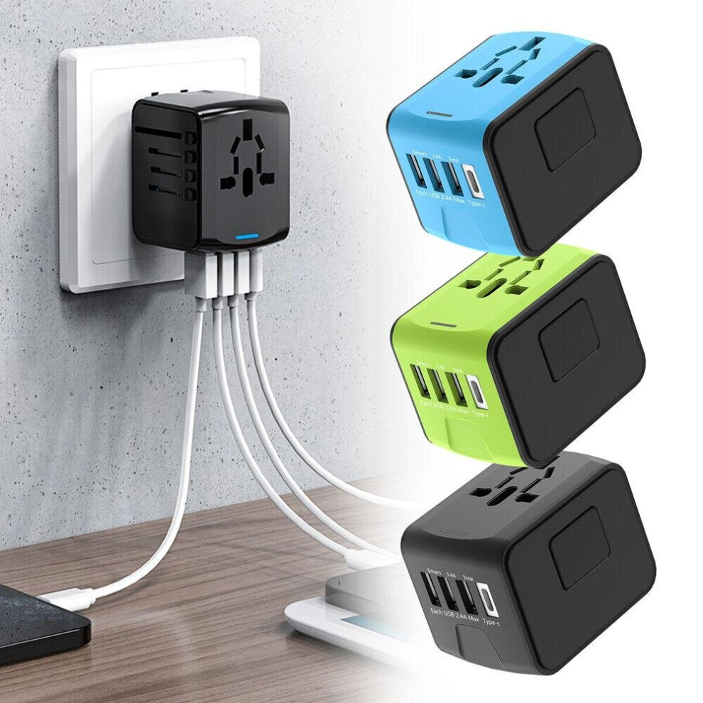 (Green) World Wide Travel Adapter Multi Plug Universal Charger UK EU AU US 4 USB Port