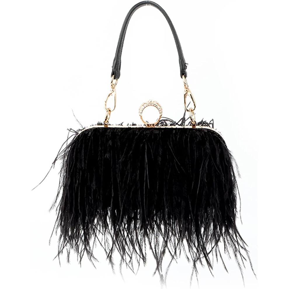 (Black) Real Natural Ostrich Feather Clutch Evening Bag Fashion Handbag Purse for Banquet Party