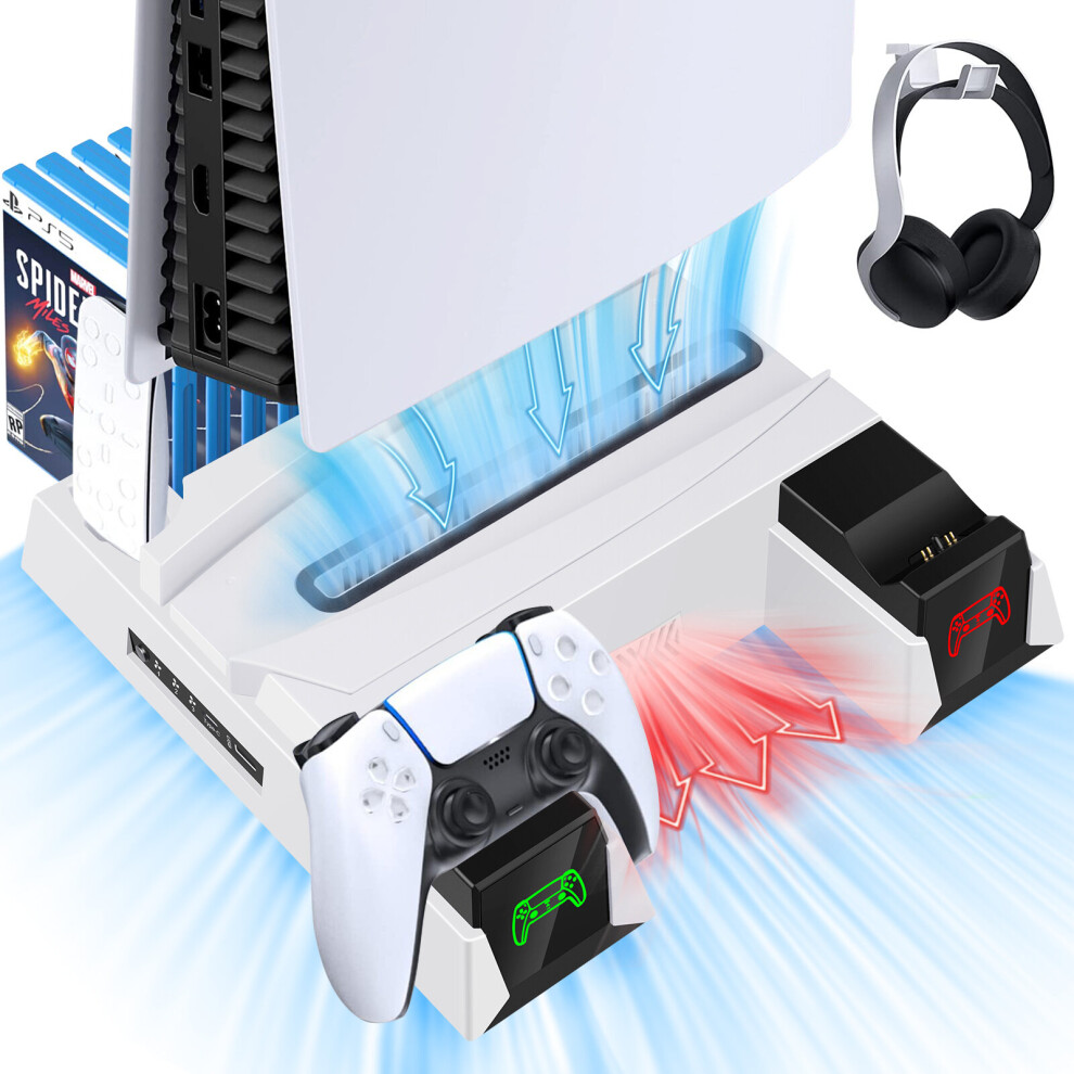 PS5 Stand with Suction Cooling Fan and Dual Controller Charger Station for Playstation 5 PS5 Console Suction Cooler Fan with Charging Dock Station