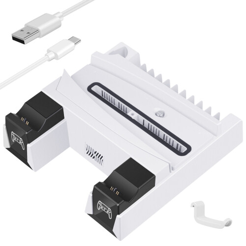 PS5 Stand with Suction Cooling Fan & Dual Controller Charger Dock - All-in-One Organizer for PS5 Console (White)