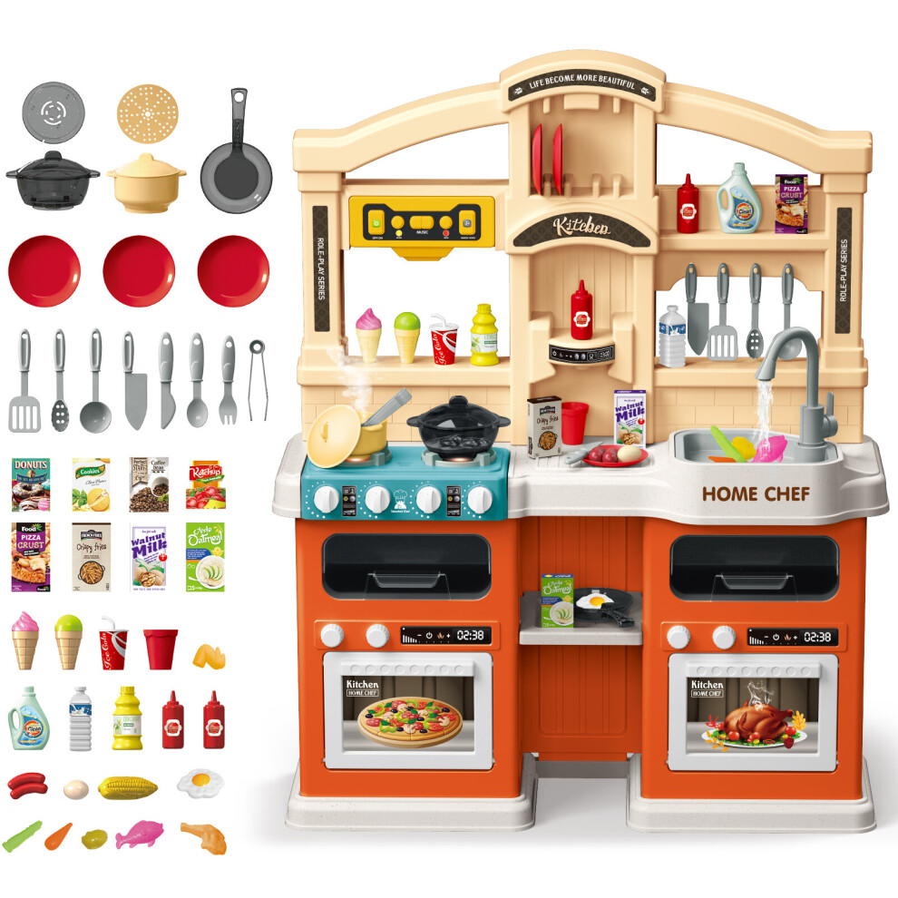 Kids Kitchen Playset with Sound, Lights, Steam & Boil Effects Pretend Play Kitchen Set Kids Kitchen Set Role Play Toys 
