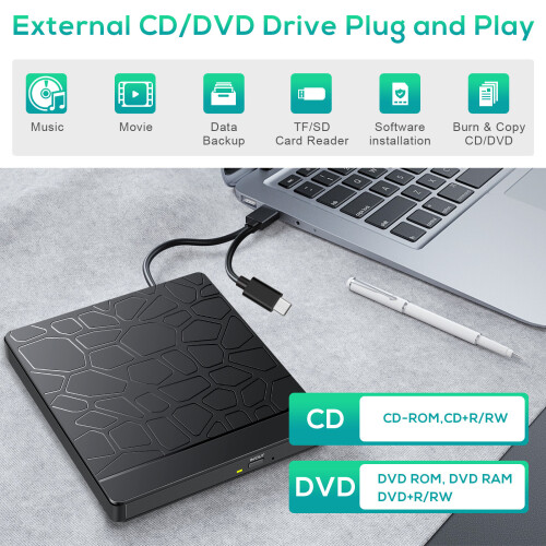 5 In 1 External Slim USB 3.0 Optical Drive Type C Portable DVD CD Laptop Reader 1