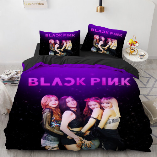 (Double/200*200cm) 3D Digital Printed 3 Piece Duvet Cover Sheet Pillowcase #BLACKPINK