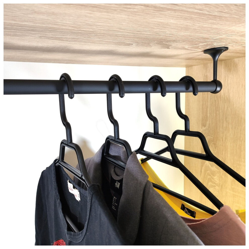 (70cm) Suspended Round Wardrobe Rail Hanging Tube Pipe Black Matt Set with End Brackets