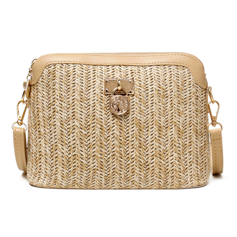 (  Light Brown) Ladies Summer Straw Bag Rattan Wicker Handbag Crossbody Tote Bag