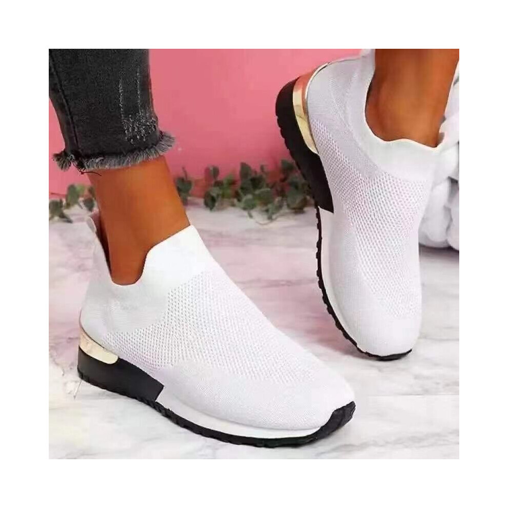 (White, UK 8) WOMENS LADIES SLIP ON SOCK WEDGE SNEAKERS CLASSIC JOGGING PUMPS SHOES TRAINERS