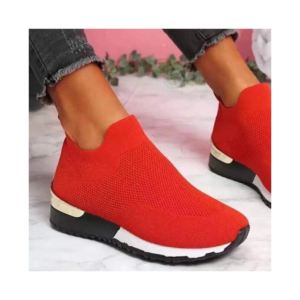 (Red, UK 7) WOMENS LADIES SLIP ON SOCK WEDGE SNEAKERS CLASSIC JOGGING PUMPS SHOES TRAINERS