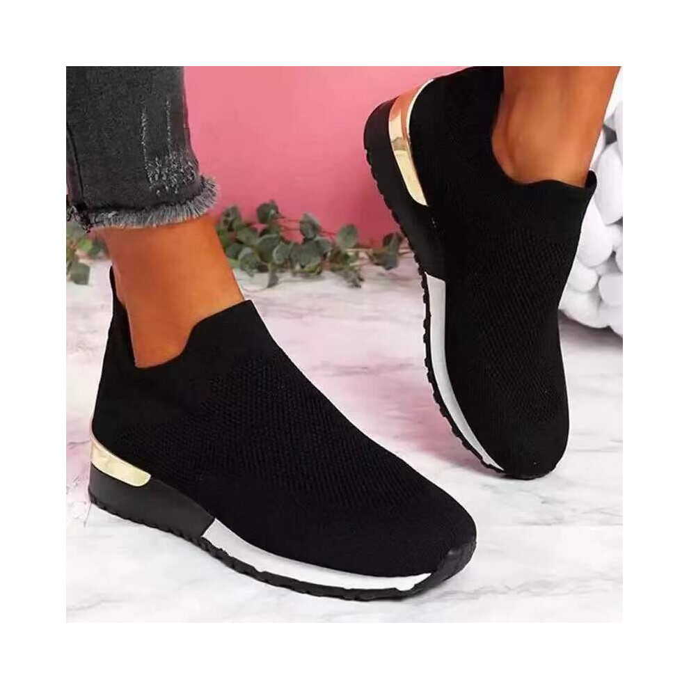 (Black, UK 5) WOMENS LADIES SLIP ON SOCK WEDGE SNEAKERS CLASSIC JOGGING PUMPS SHOES TRAINERS