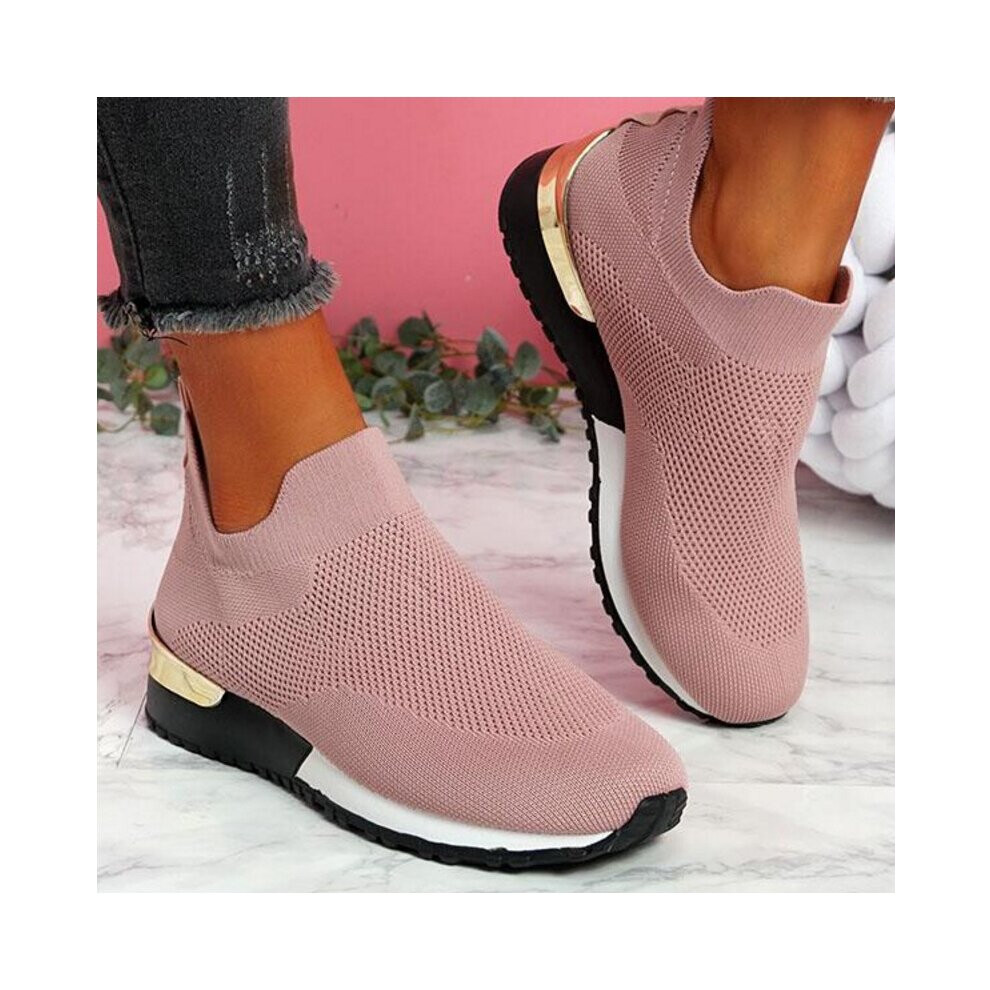 (Pink, UK 6) WOMENS LADIES SLIP ON SOCK WEDGE SNEAKERS CLASSIC JOGGING PUMPS SHOES TRAINERS