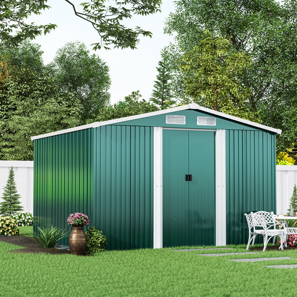8 x 8 ft Dark Green Metal Shed Garden Storage Shed Apex Roof Double door with Base Foundation