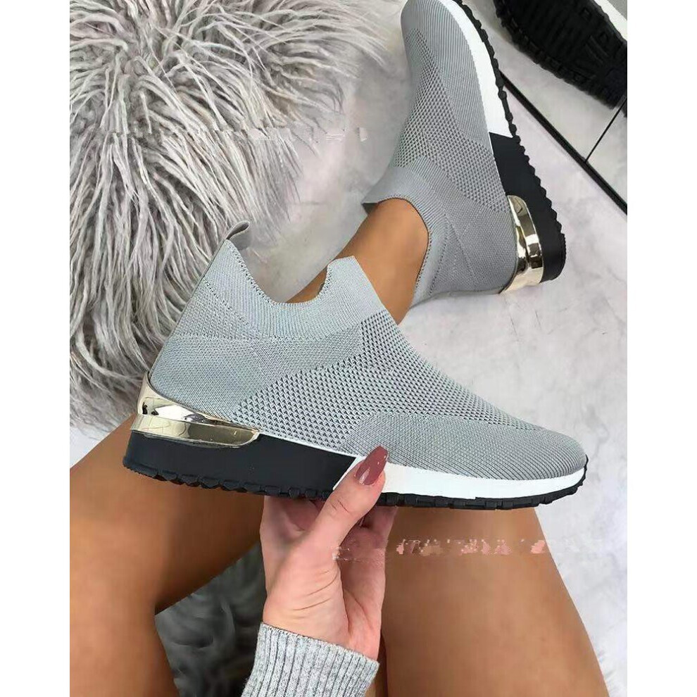 (Grey, UK 7) WOMENS LADIES SLIP ON SOCK WEDGE SNEAKERS CLASSIC JOGGING PUMPS SHOES TRAINERS