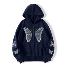 (Blue, S) Womens Butterfly Print Hooded Sweatshirt Ladies Casual Baggy Zip Up Hoodie Hoody