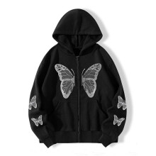 (Black, S) Womens Butterfly Print Hooded Sweatshirt Ladies Casual Baggy Zip Up Hoodie Hoody