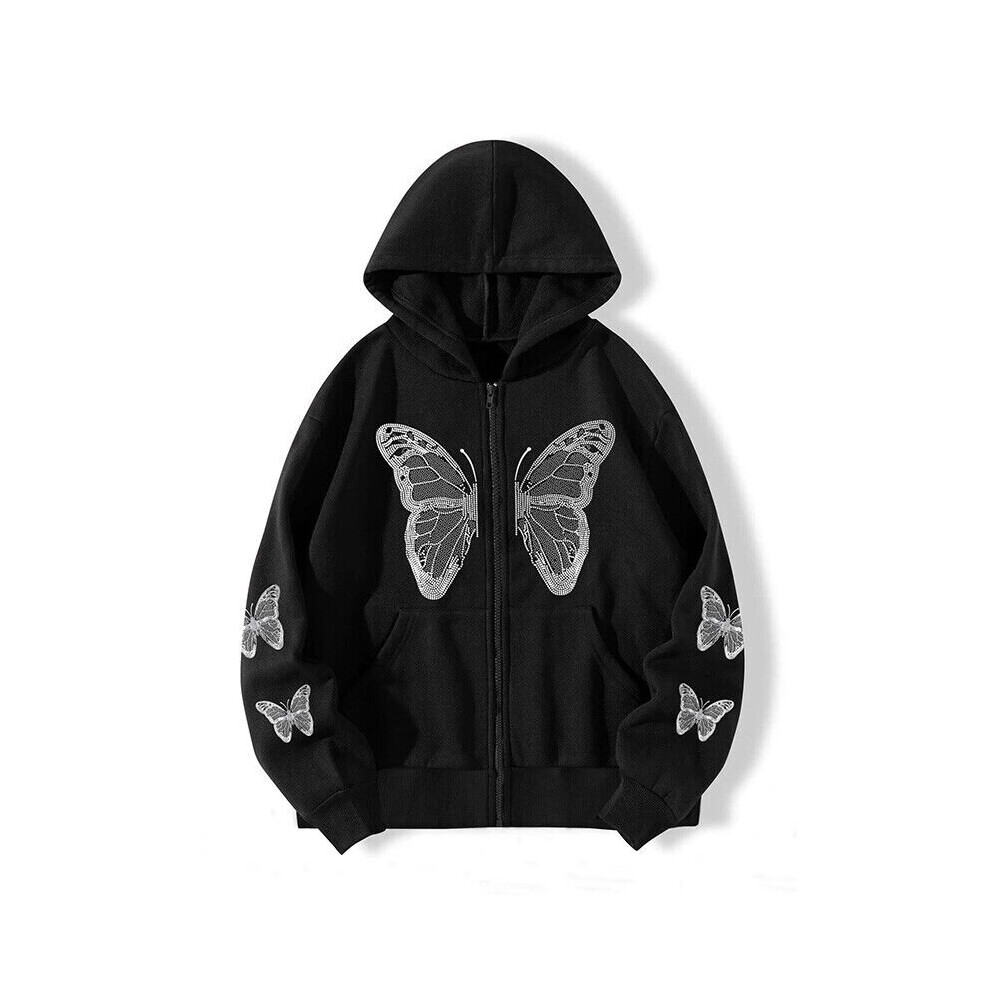 (Black, S) Womens Butterfly Print Hooded Sweatshirt Ladies Casual Baggy Zip Up Hoodie Hoody