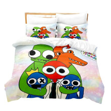 (Five People, 135x200cm/53.1*78.7in) 3pcs Rainbow Friends Theme Printing Bed Duvet Set Quilt Pillow Cover Child Adult