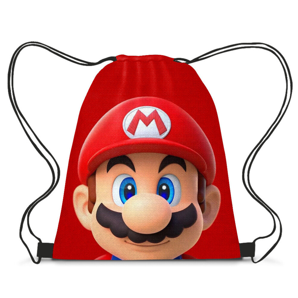 (Red) Drawstring Super Mario Backpack Luigi Gym School Kids Bag Storage Lightweight