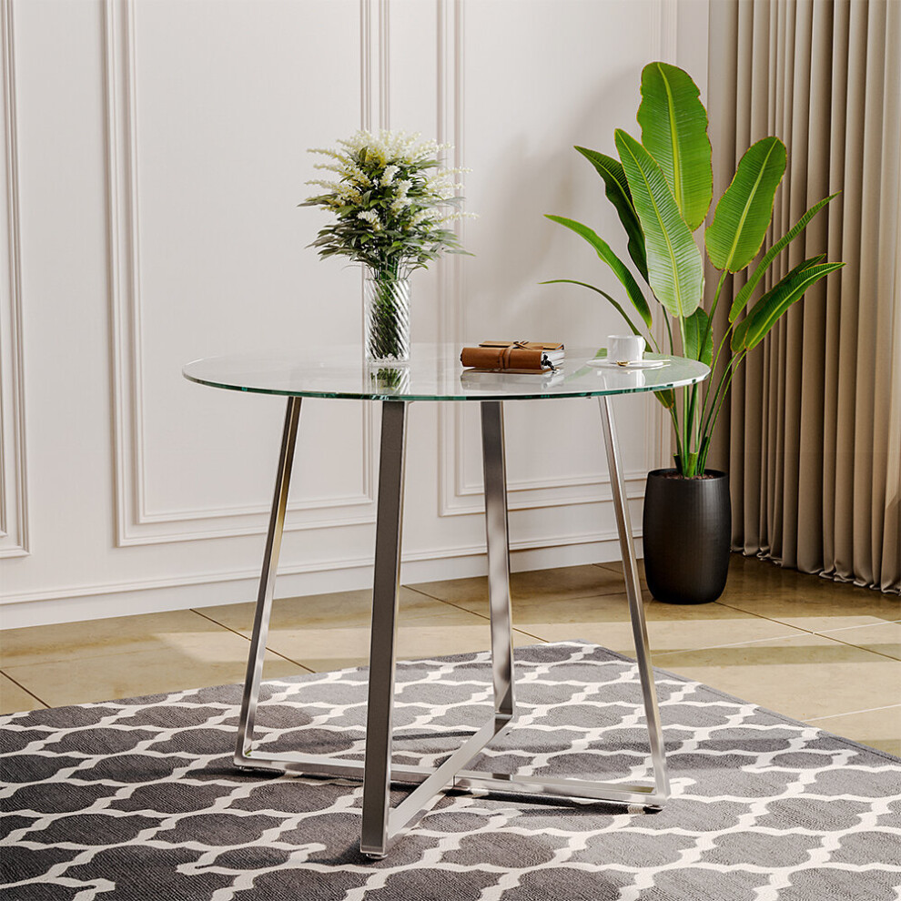 (Silver) Modern Round Dining Table with Tempered Glass Top