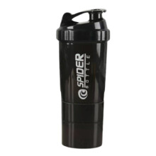 (Black) Gym 600ml Sport Protein Shaker Cup Three Layers With Spring Plastic Mixer Bottle