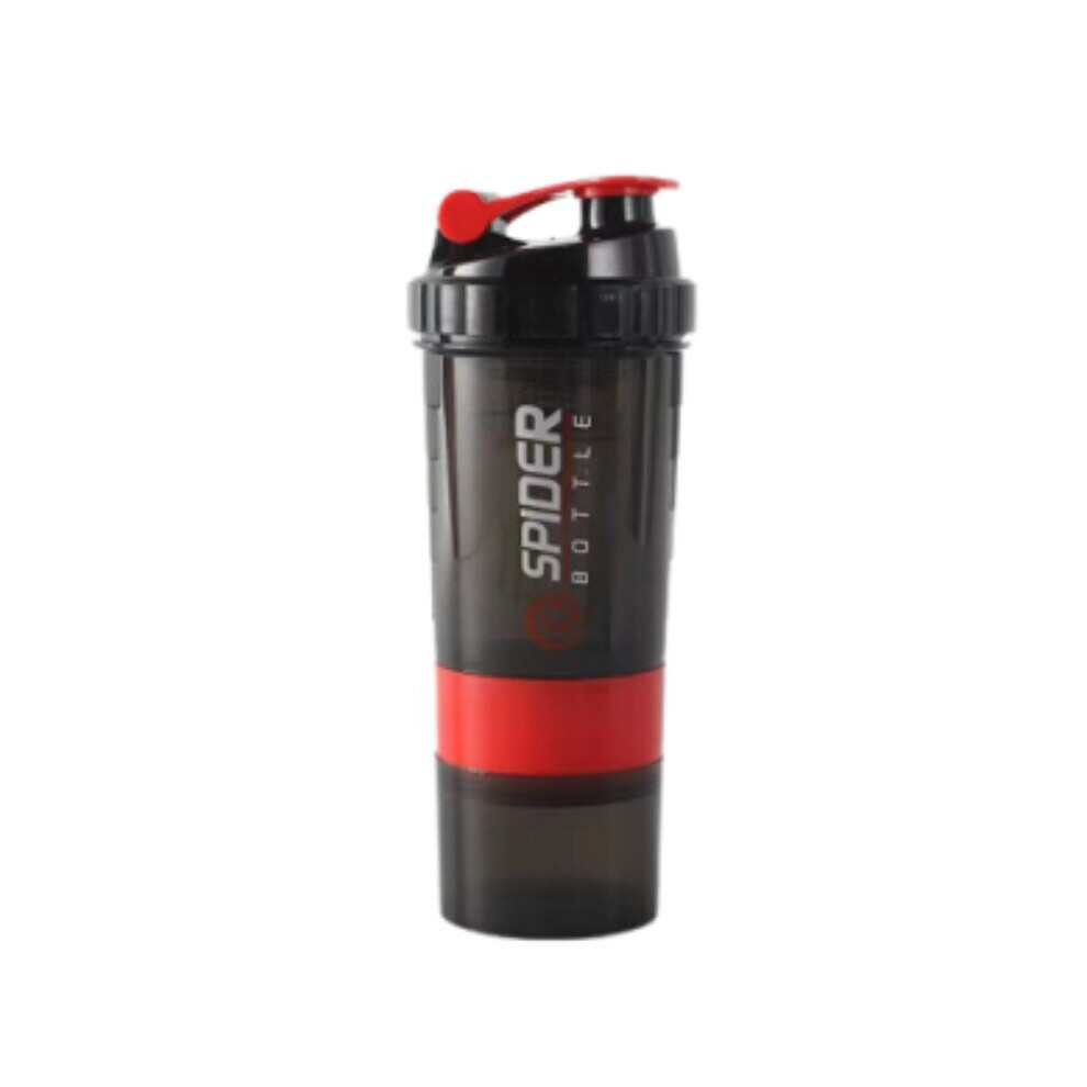 (Red) Gym 600ml Sport Protein Shaker Cup Three Layers With Spring Plastic Mixer Bottle