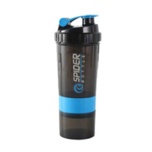 (Blue) Gym 600ml Sport Protein Shaker Cup Three Layers With Spring Plastic Mixer Bottle