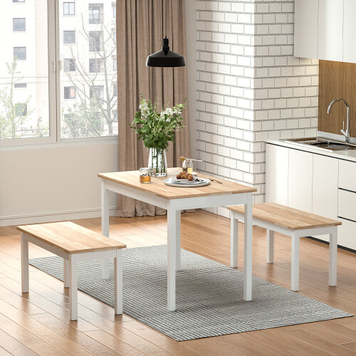 Living And Home (White) Wooden Dining Table and 2 Benches 4 Seat Set