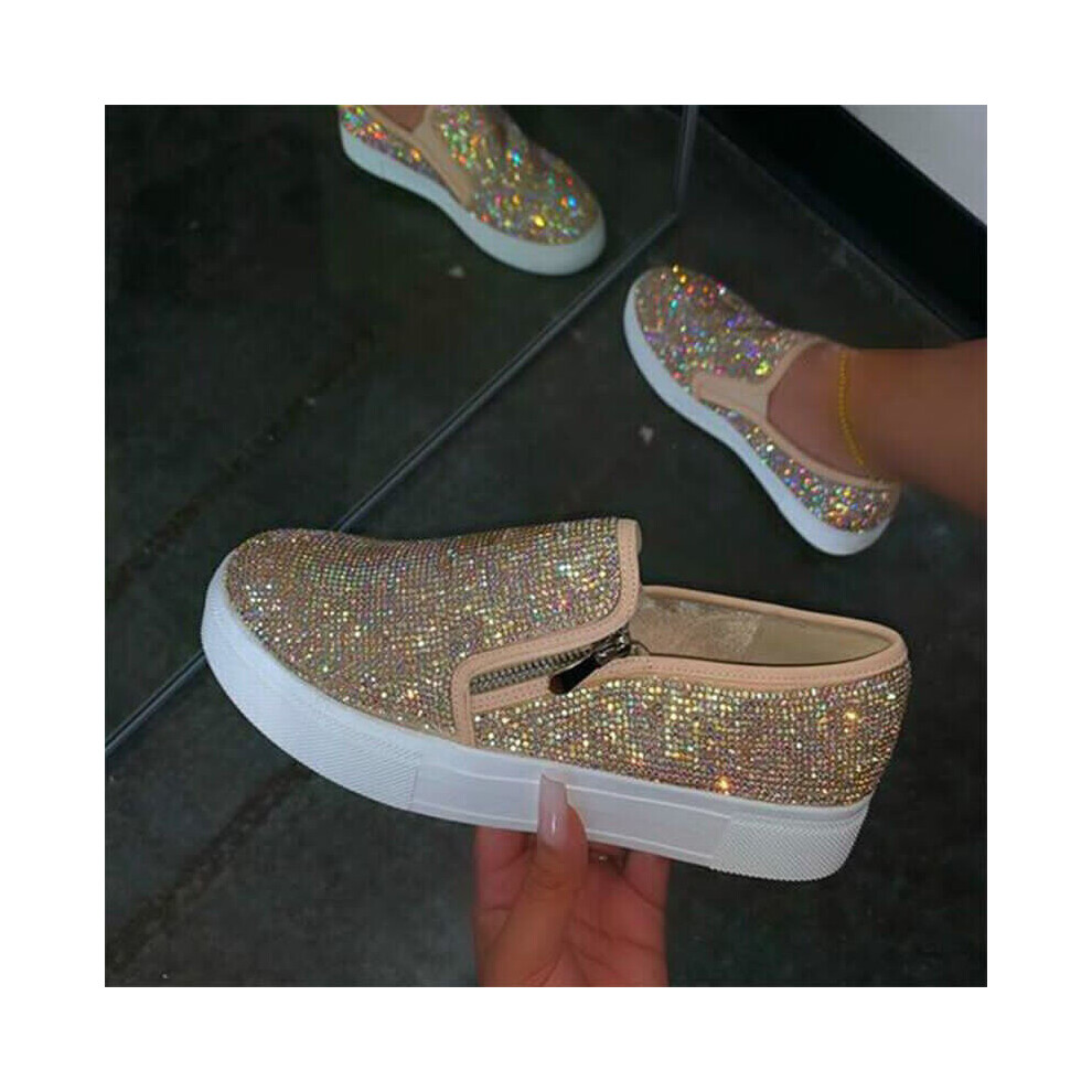 (Beige, UK Size 5) Loafers Womens Ladies Slip On Rhinestone Flat Trainers Zip Shoes Size Uk 2.5-9