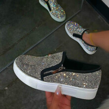 (Black, UK Size 4) Loafers Womens Ladies Slip On Rhinestone Flat Trainers Zip Shoes Size Uk 2.5-9
