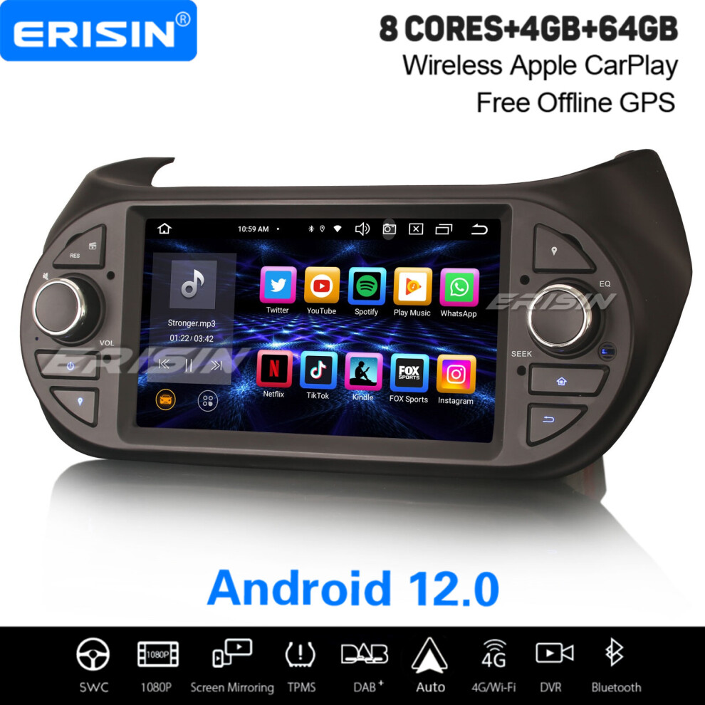 8-Core 64GB Android 12 Car Stereo Fiat Fiorino Qubo Citroen Nemo Peugeot Bipper DAB+ Satnav CarPlay WiFi BT 5.0