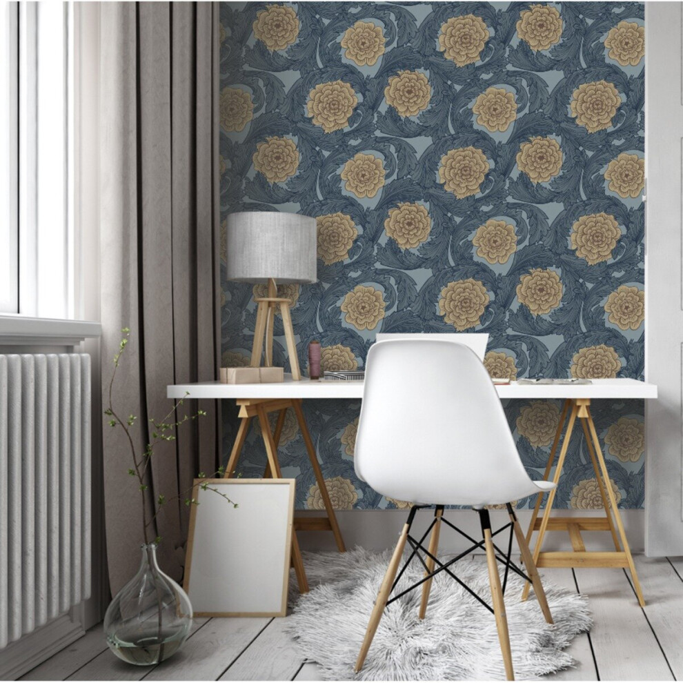 Blomstermala Big Bloom Wallpaper Blue Beige Brown Galerie 51010 5415058036201