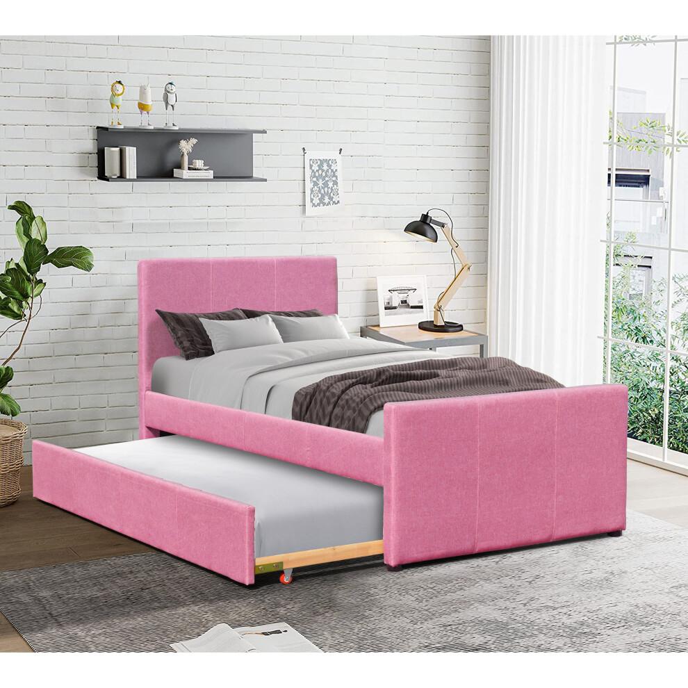 Comfy Living (, No Mattress) 3Ft Fabric Bed Frame With Trundle Bed Pink