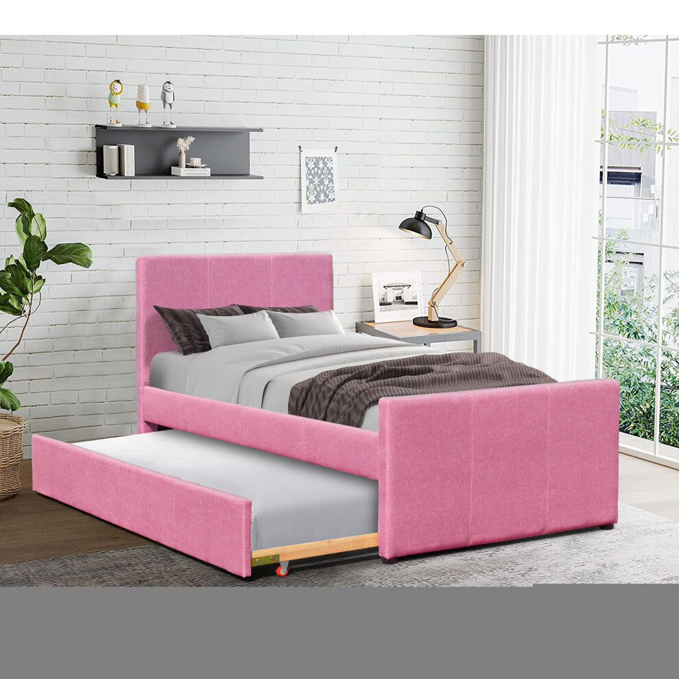 Comfy Living (Pink, 2 Kerri Mattresses) 3Ft Fabric Bed Frame With Trundle Bed