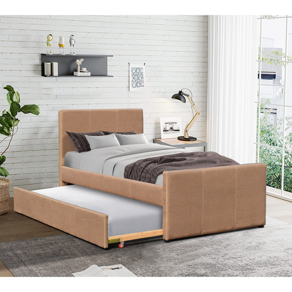 (Brown, 1 Tanya Mattress) Comfy Living 3ft Fabric Bed Frame With Trundle Bed