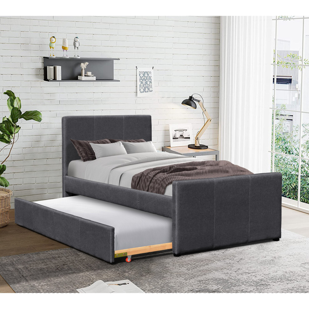 (Grey, 1 Kerri Mattress) Comfy Living 3ft Fabric Bed Frame With Trundle Bed