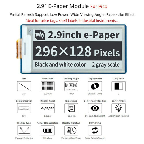 Module d'affichage E-Ink de 2,9 pouces Module d'écran E-Paper bicolore noir et blanc pour 1