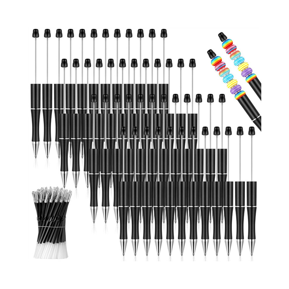 50Pcs Plastic Beadable Pen Bulk Bead Ballpoint Pen Shaft Black Ink Beaded with 50 Refills for DIY Making Gift Black