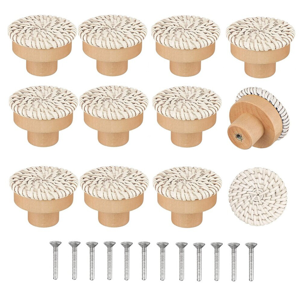 Lot de 12 boutons de commode en rotin style bohème, ronds, en bois, tissés à la main, vis pour meubles bohèmes, beige