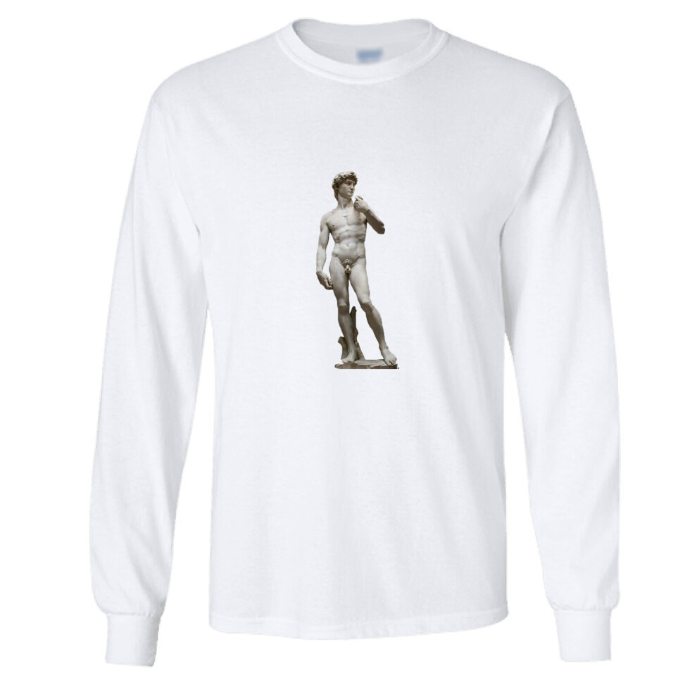 (XL) Michelangelo Statue of David Marble Mens Long Sleeve T-Shirt White Tee Top