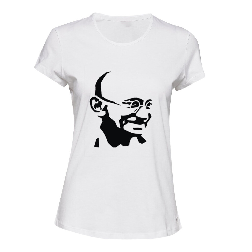 (M) Mahatma Gandhi Indian Hero Female Ladies Womens Cotton White T-Shirt Tee Tops