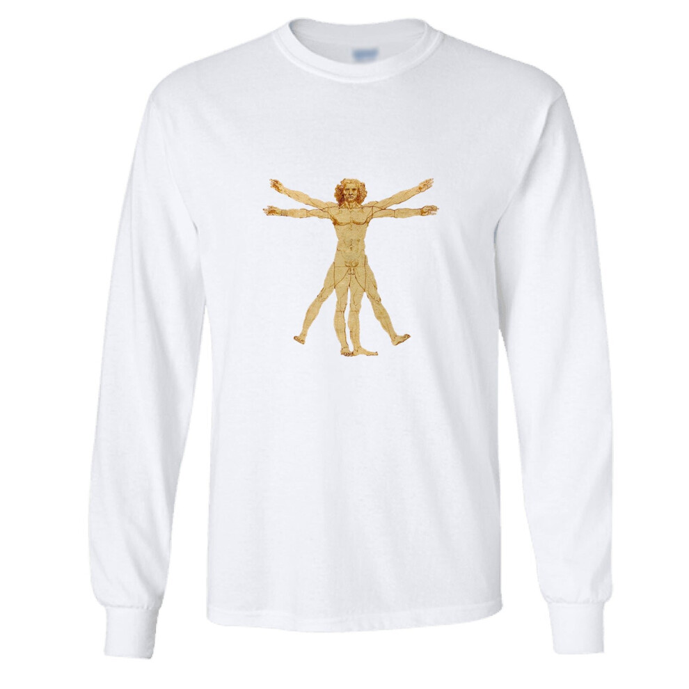 (S) The Vitruvian Man Leonardo Da Vinci Long Sleeve T-Shirt Mens White Tee Tops