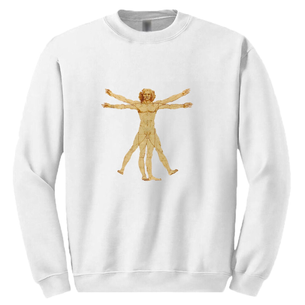 Gildan (S) The Vitruvian Man Leonardo Da Vinci Mens White Sweat Sweater Jumper Sweatshirt