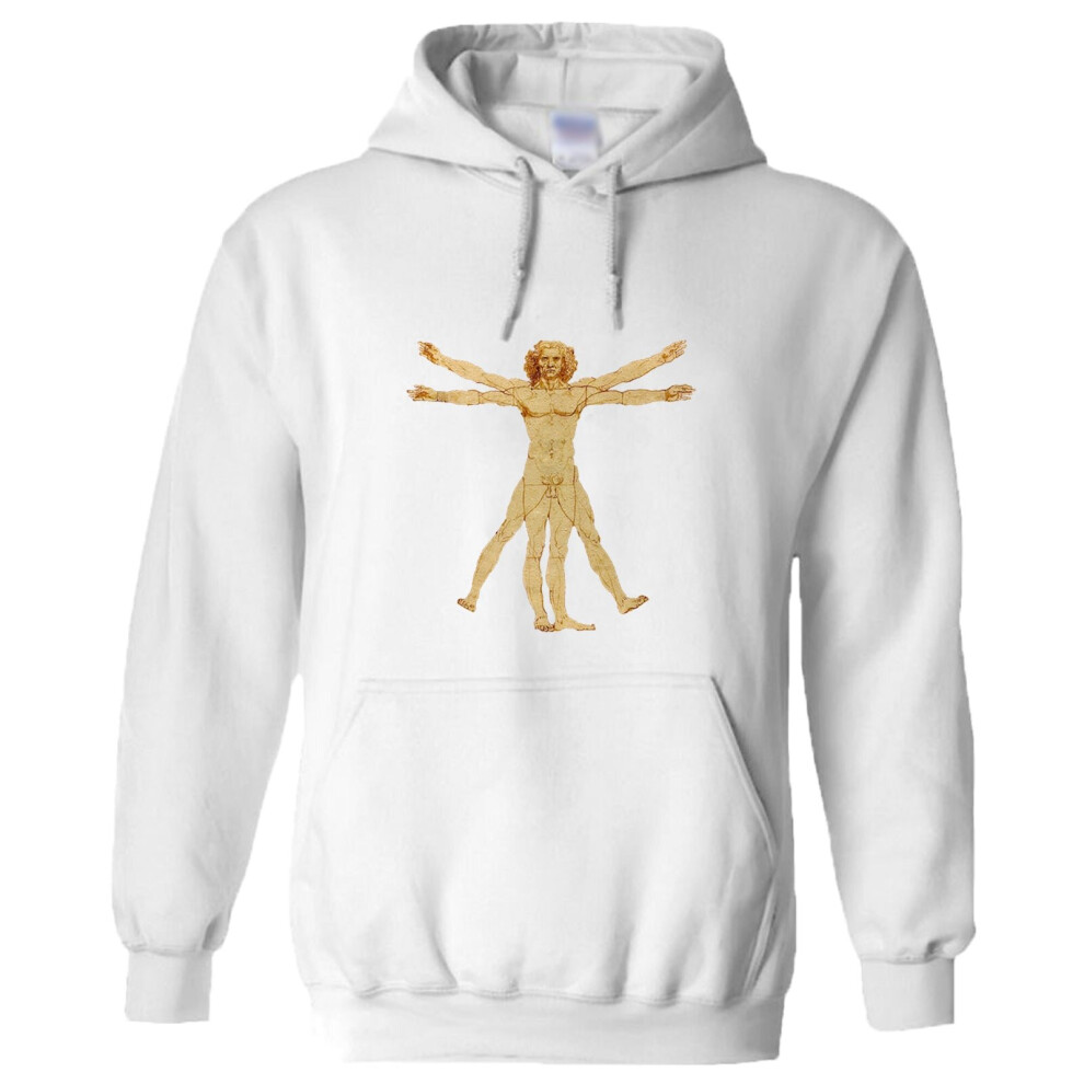 Gildan (S) The Vitruvian Man Leonardo Da Vinci White Hoodie Hooded Sweat Mens Sweater