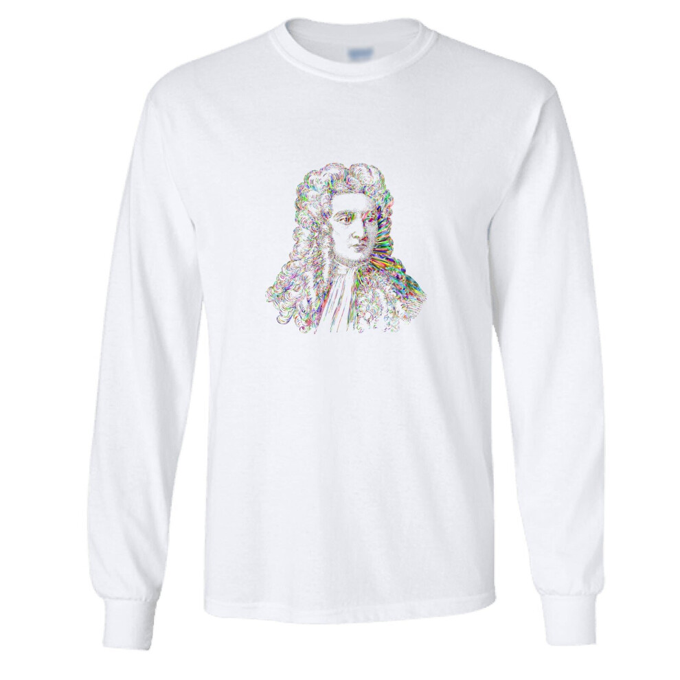 (L) Sir Isaac Newton Portrait Art Cool Long Sleeve T-Shirt White Mens Tee Tops