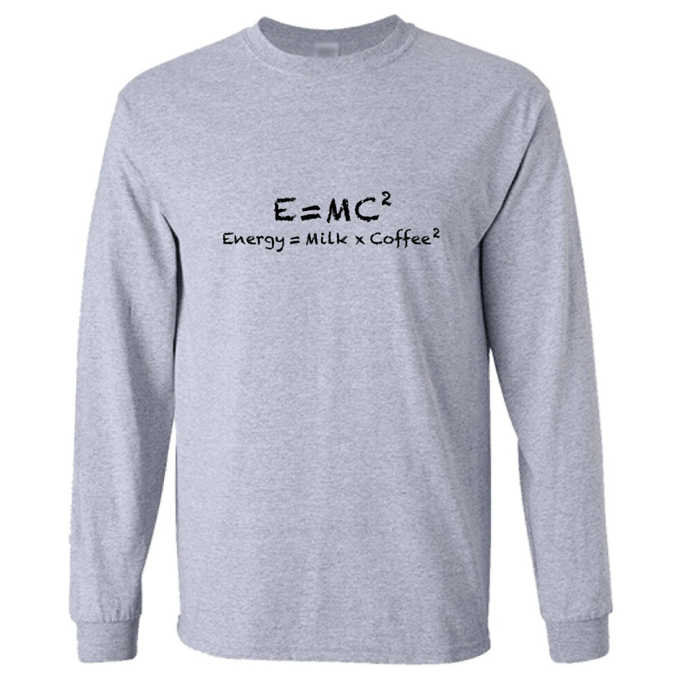 (M) E=mc2 Energy Milk Coffee Funny Einstein Long Sleeve T-Shirt Grey Tee Top Mens